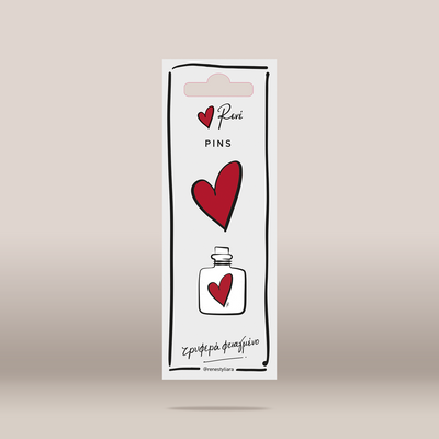 A vertical white retail card for RENE Pins, featuring a red heart outline logo, the text 'RENE PINS', an illustration of a large red heart, a small bottle with a red heart, and decorative script at the bottom, shown on a plain warm beige background.