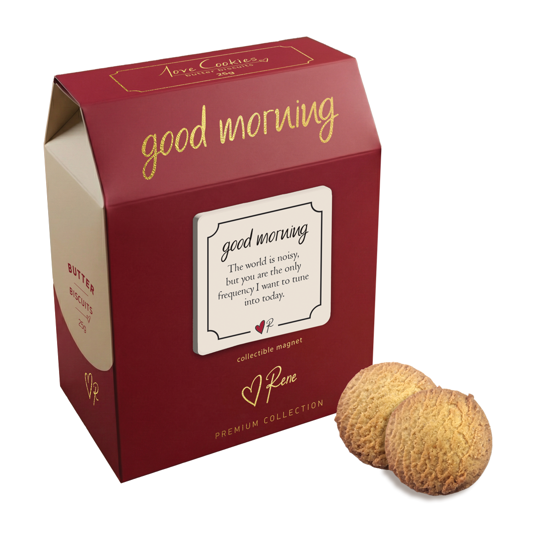 Red box with 'good morning' text and two cookies on a white background