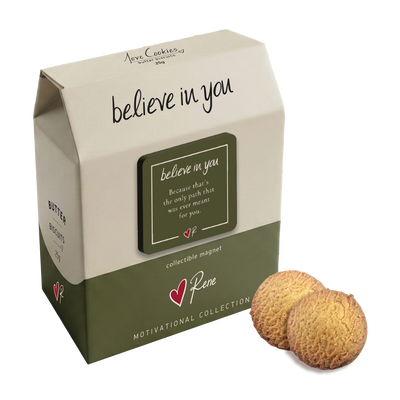 Box of cookies with a motivational message and two cookies on a white background