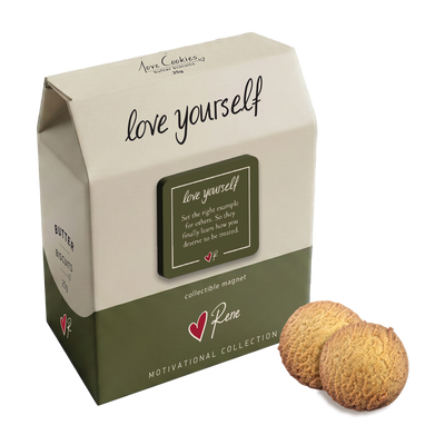 Box of cookies with a magnet and two cookies on a white background
