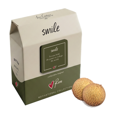Box of cookies with a magnet and two cookies on a white background
