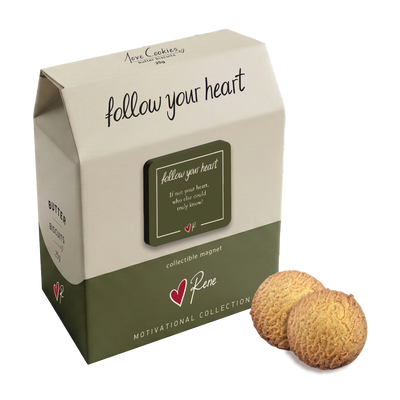 Box of cookies with a magnet and two cookies on a white background