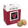 Red and white box of 'Rene' love cookies with two cookies on a white background