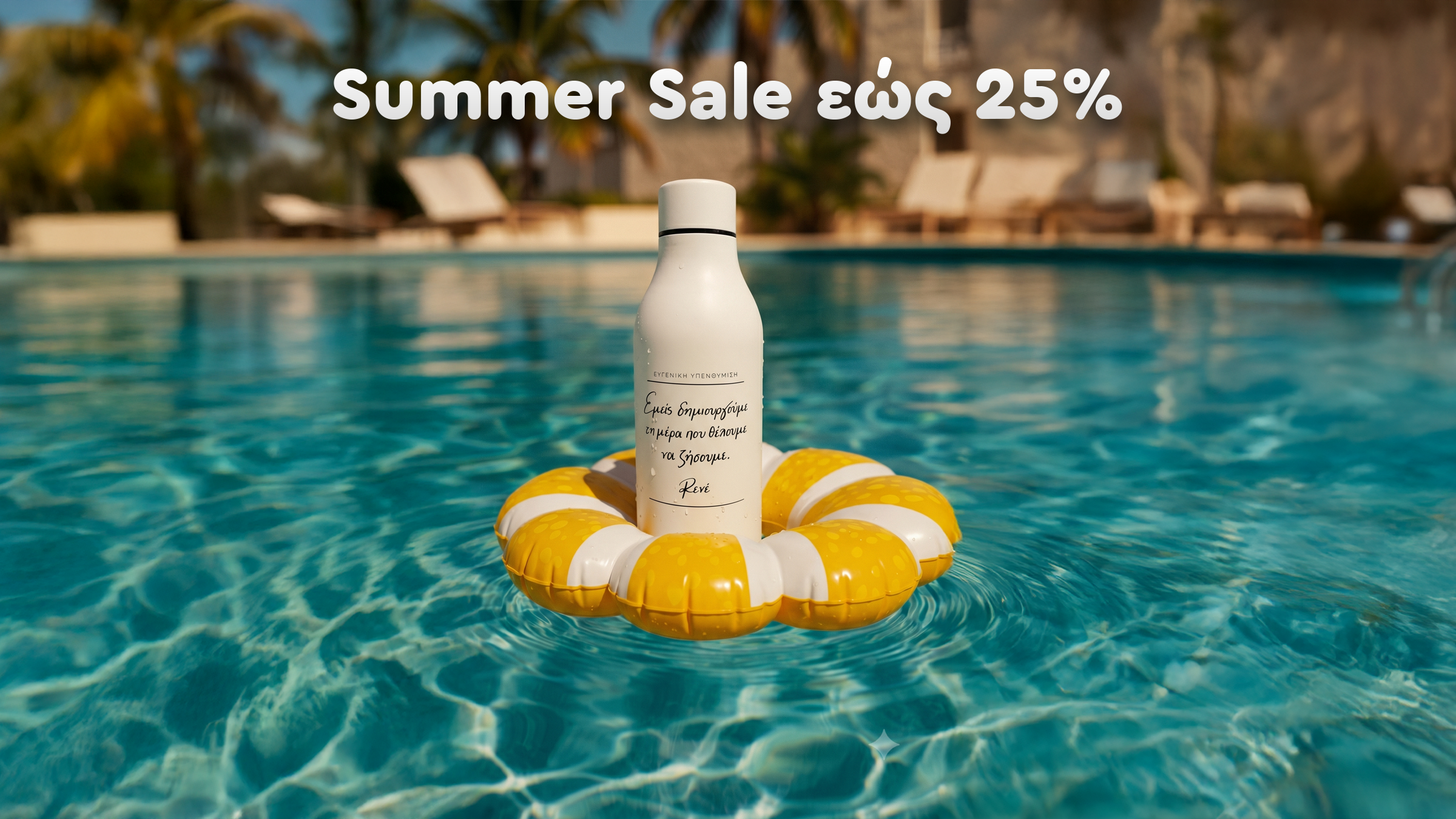 White bottle on a yellow inflatable ring in a pool with 'Summer Sale 25%' text.