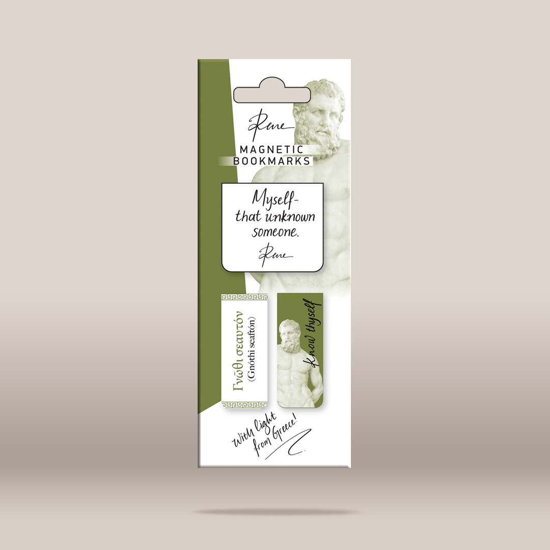 A package of Rare Rare Magnetic Bookmarks featuring a white and olive green design with a classical statue illustration and the quote 'Myself that unknown someone, Rare.