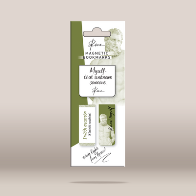 A package of Rare Rare Magnetic Bookmarks featuring a white and olive green design with a classical statue illustration and the quote 'Myself that unknown someone, Rare.