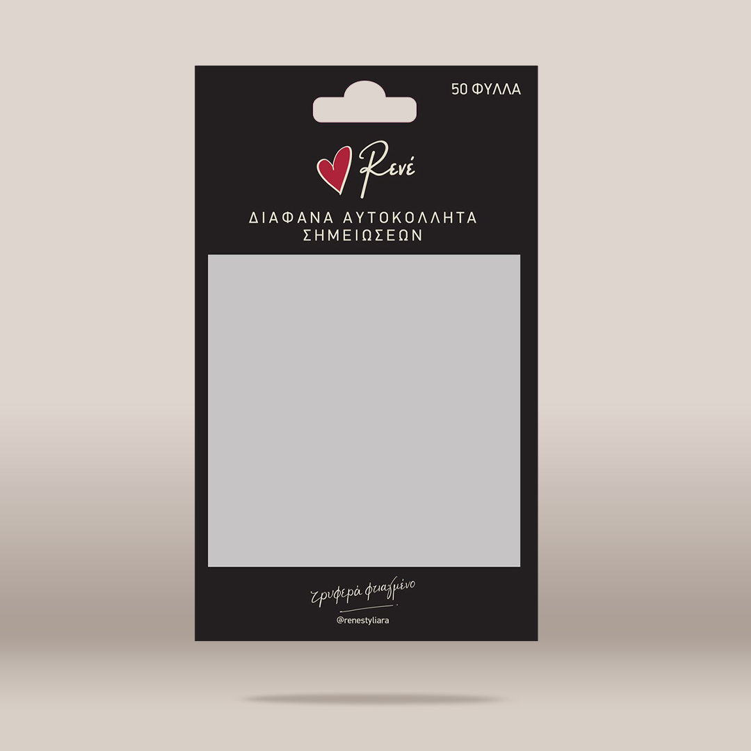 Packaged sheet of transparent adhesive contact lenses by the brand Rene, shown in its black retail card packaging against a neutral beige background.