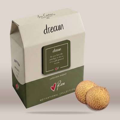 A milk carton-style gift box labeled 'dream' and 'collectible magnet' with a green lower panel and two round textured magnets placed in front on a light beige background.