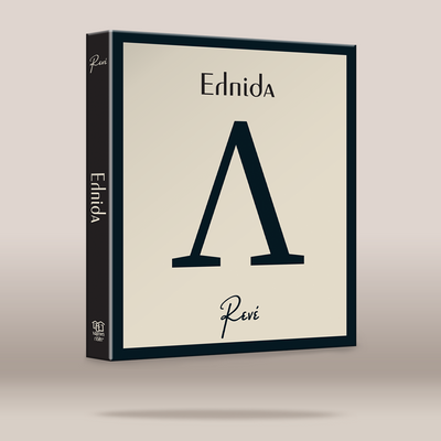 A boxed product shown at a slight angle on a plain warm beige background. The front is cream with a large dark navy letterform and the word 'ΕΛΠΙΔΑ' at the top, with 'Rene' in script near the bottom.