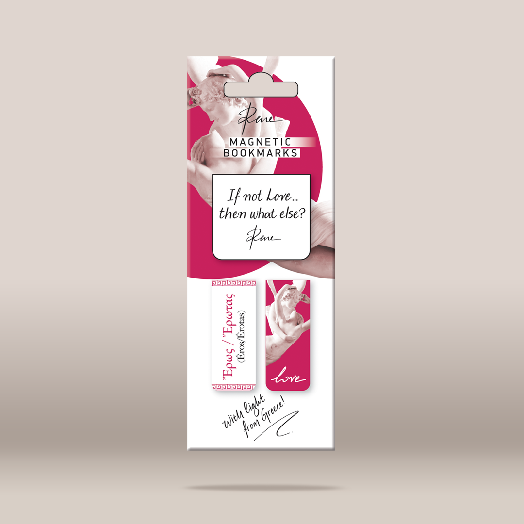 A retail package of 'Rose Magnetic Bookmarks' by the brand 'Epos', featuring a white and pink design with a rose illustration and the quote 'If not Love, then what else? Rose'. The package contains two bookmarks, one with a pink rose and the other with a white rose, set against a neutral beige background.