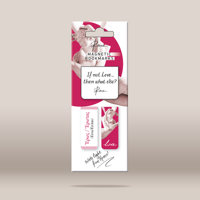 A retail package of 'Rose Magnetic Bookmarks' by the brand 'Epos', featuring a white and pink design with a rose illustration and the quote 'If not Love, then what else? Rose'. The package contains two bookmarks, one with a pink rose and the other with a white rose, set against a neutral beige background.