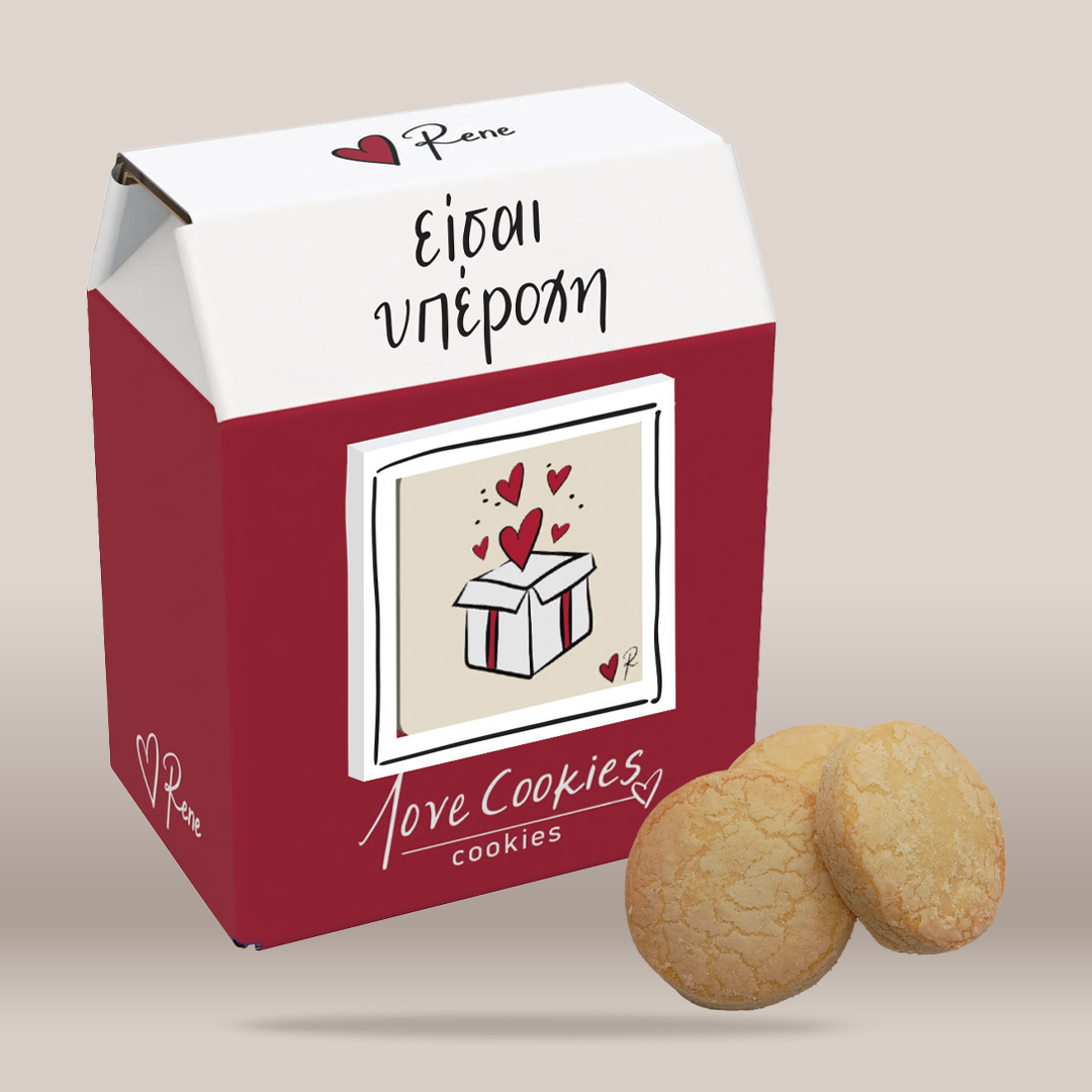 A milk carton-style box of 'Love Cookies' by the brand Rene, featuring a deep red body, a white top flap, and a beige front label with a heart illustration. Two round golden-brown cookies are placed in front of the box on a light beige background.