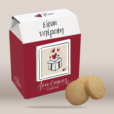 A milk carton-style box of 'Love Cookies' by the brand Rene, featuring a deep red body, a white top flap, and a beige front label with a heart illustration. Two round golden-brown cookies are placed in front of the box on a light beige background.