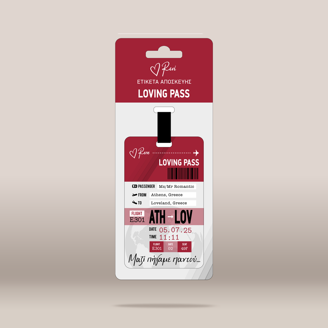 A novelty wedding guest list ticket card in the shape of an Athens to Lov ticket, mounted on a white card with a red header that reads 'LOVING PASS' and the brand name 'Rene'.