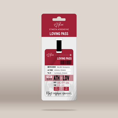 A novelty wedding guest list ticket card in the shape of an Athens to Lov ticket, mounted on a white card with a red header that reads 'LOVING PASS' and the brand name 'Rene'.
