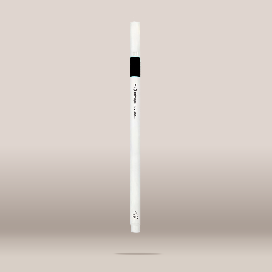 A white cosmetic pen-style applicator with a black band near the top and small printed text, shown centered against a soft beige gradient background.