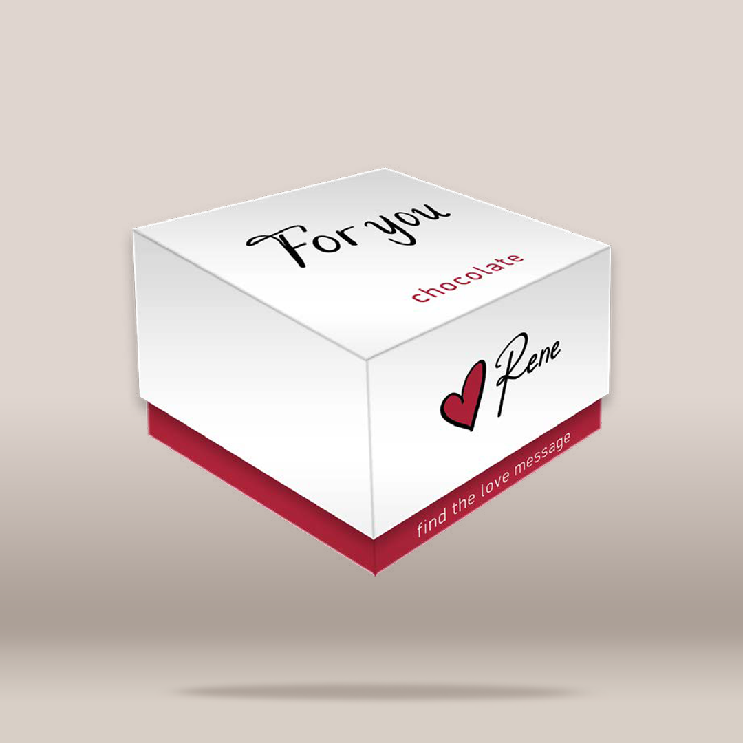 A white rectangular chocolate box with a red base, floating on a light beige gradient background. The top lid is printed with 'For you' in black script and 'chocolate' in red.