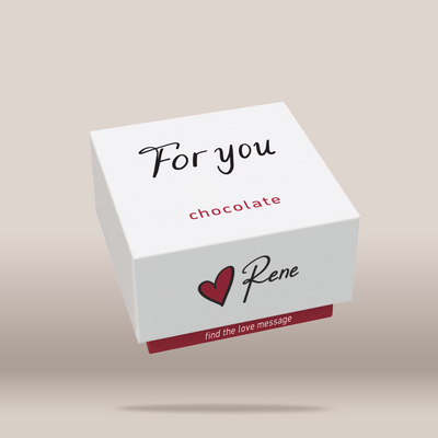 A white square chocolate box with printed text and graphics, shown floating against a warm beige background. The top reads 'For you' in black script, with 'chocolate' in red below.