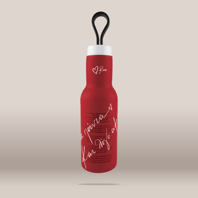 A red insulated water bottle with a black loop handle, white cap, and white script text on the front, shown against a plain beige background.
