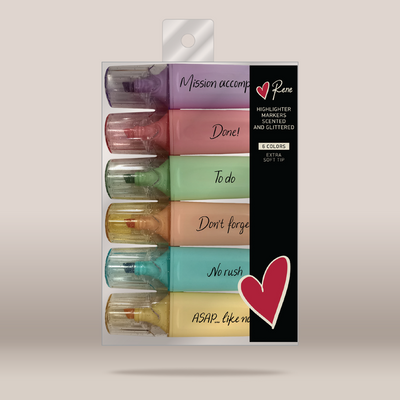 Pack of 6 personalized highlighters in assorted pastel colors, packaged in a clear plastic sleeve with a black label on the right side. 