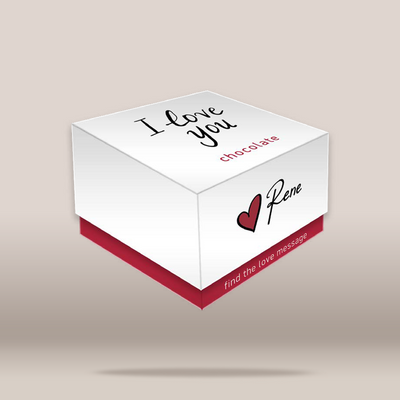 A white square chocolate box with a red base, floating on a light beige gradient background. The top lid reads 'I love you chocolate' in black and red text, and the front side shows a red heart and the name 'Rene' in black script.