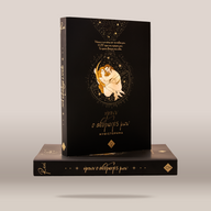 A black hardcover book with ornate gold foil lettering and illustration of a couple under stars, displayed standing upright on top of a matching book against a light gray background.