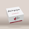 A white rectangular gift box with black and red printed text and logo, shown floating at an angle against a warm beige gradient background. The box features the Greek word 'ΚΑΛΗΜΕΡΑ' below it, a red heart logo next to the script 'Revé' on the front, and the phrase 'find the love message' on a red band at the bottom.
