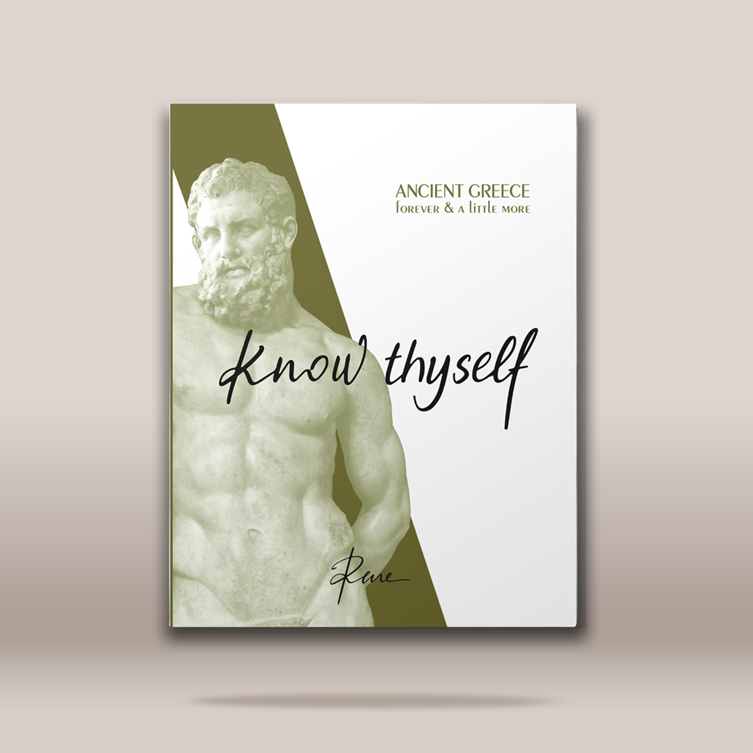 A book cover for 'Ancient Greece: Forever & a little more' titled 'Know thyself' by Rove, featuring a sepia-toned classical statue of a bearded man on a white and olive green background, shown against a neutral beige backdrop.