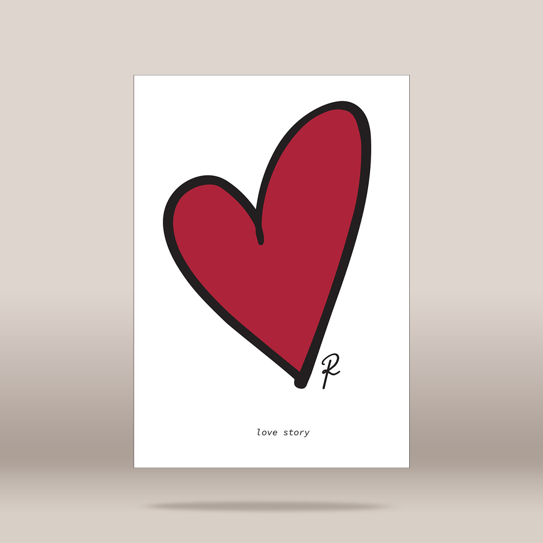 A minimalist art print featuring a large red heart with a black outline on a white background, with the text 'love story' and a small signature mark below it, shown against a neutral beige background.