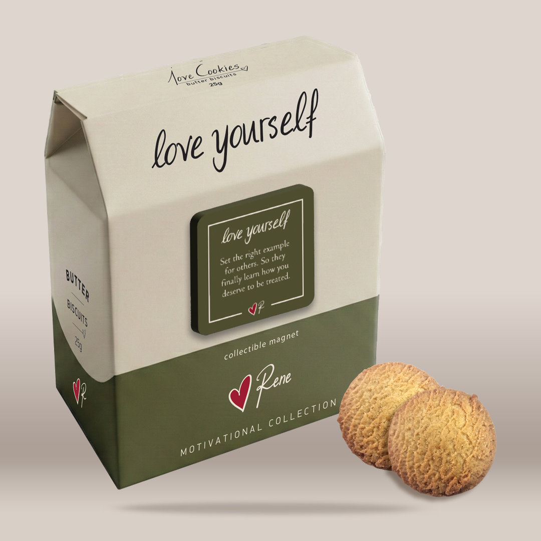 A milk carton-style box of Rene Love Yourself Butter Cookies with two round butter cookies placed in front on a light beige background.