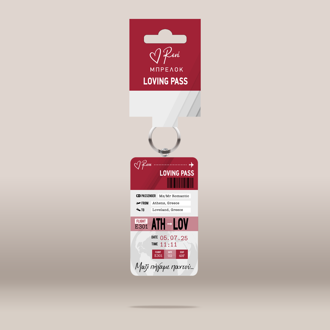 A novelty travel ticket pendant labeled 'LOVING PASS' hanging from a red and white card holder. The ticket includes sample flight details and a small ring at the top for hanging.