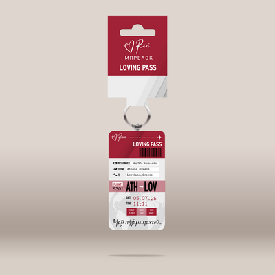A novelty travel ticket pendant labeled 'LOVING PASS' hanging from a red and white card holder. The ticket includes sample flight details and a small ring at the top for hanging.