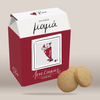 A milk-carton-style box of 'rene' brand cookies, featuring a deep red and white design with a bouquet of red hearts illustration, shown alongside two golden-brown round cookies on a neutral beige background.