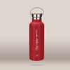 A matte red insulated water bottle with a bamboo lid and stainless steel carrying loop, featuring white vertical text reading 'Μαζί πήγαμε παντού'.