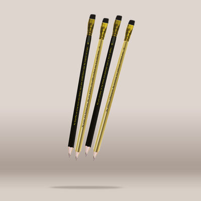 Four pencils floating vertically against a plain beige background, alternating between black and metallic gold barrels with white erasers and silver tips.