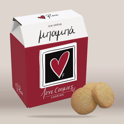 A red and white box of 'Love Cookies' by the brand 'Rene' with two round golden-brown cookies displayed in front, set against a solid light beige background.