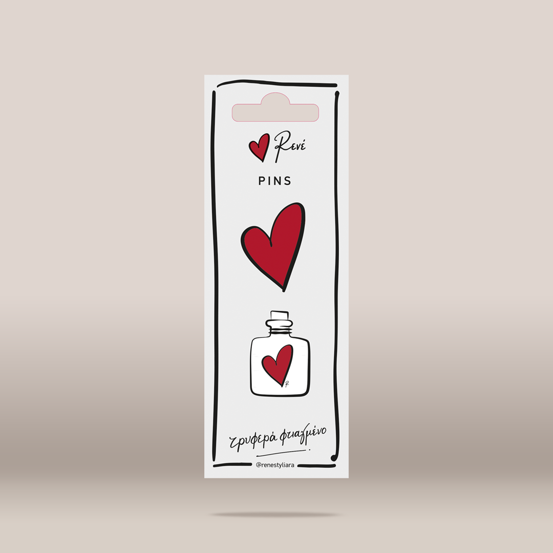 A vertical white retail card for RENE Pins, featuring a red heart outline logo, the text 'RENE PINS', an illustration of a large red heart, a small bottle with a red heart, and decorative script at the bottom, shown on a plain warm beige background.