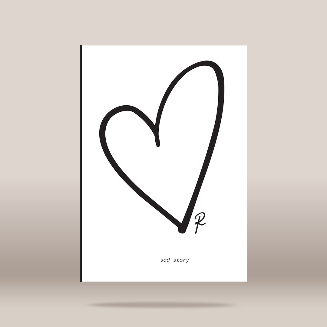 A minimalist art print featuring a hand-drawn black heart outline on a white background, with the text 'sod story' and a small stylized 'R' mark near the bottom right. The print is shown standing upright against a soft beige gradient background with a subtle shadow underneath.