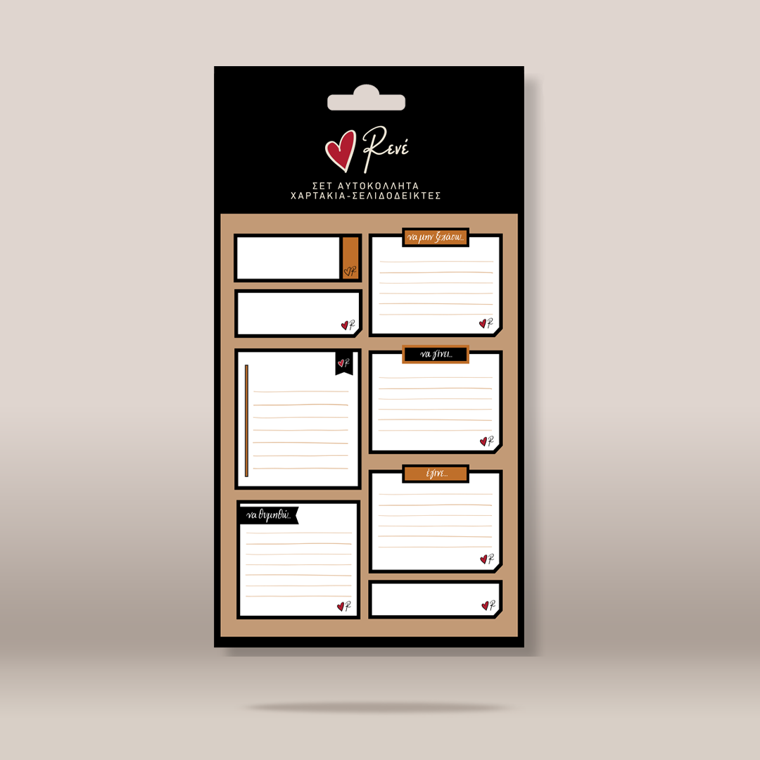 A retail package of planner stickers from the brand Renei, featuring various note and label sheets in white, beige, and brown, displayed on a neutral beige background.