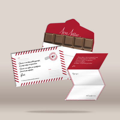 A Valentine's Day chocolate gift set designed like a postcard and envelope, featuring a red envelope with a chocolate bar inside, a postcard with red striped borders, and a red message card, all arranged on a neutral beige background.