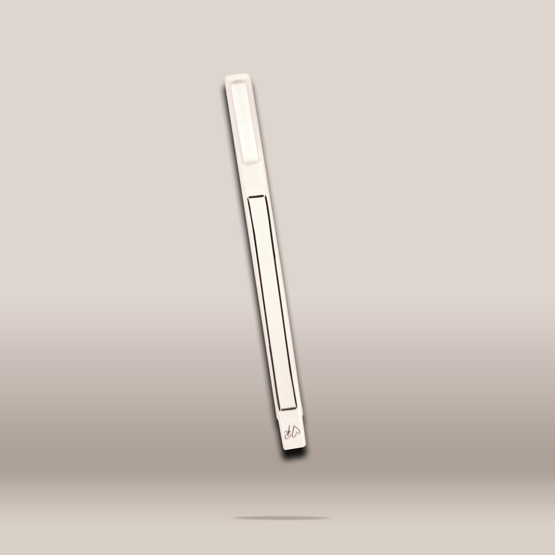 A slim, off-white plastic replacement brush or applicator tool with a rectangular slot, shown floating vertically against a neutral beige-gray gradient background.