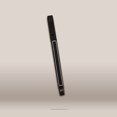 A slim black rectangular accessory with a white rectangular outline and small white script near the bottom, shown floating against a soft beige gradient background.